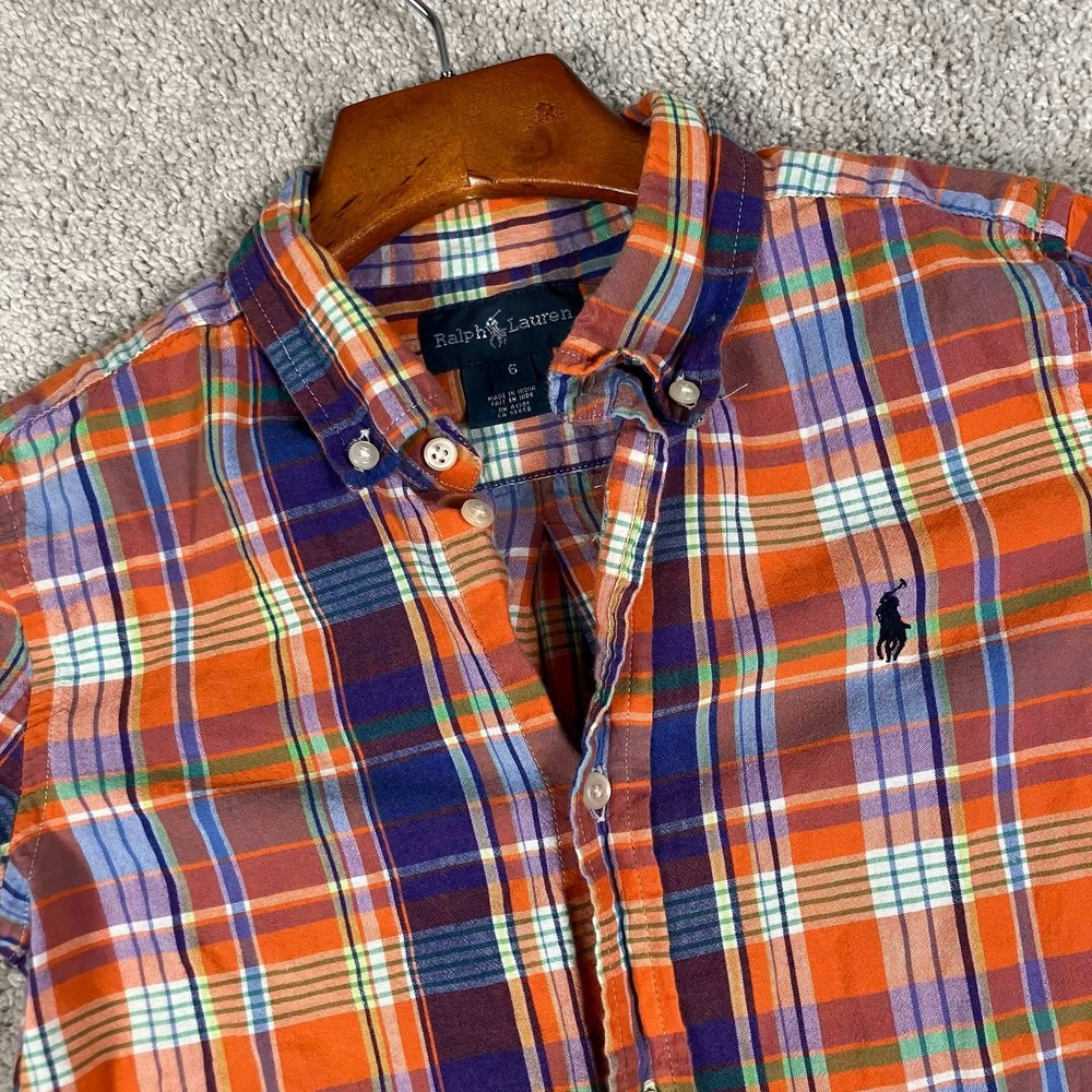 Ralph Lauren Button Down Shirt Kids Size 6 Orange Plaid Short Sleeve Cotton